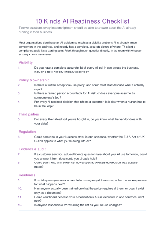 10 Kinds AI Readiness Checklist, page one